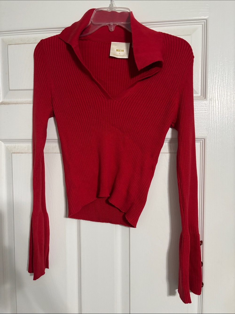 Maeve Red Ribbed V-Neck Collared Long Sleeve Top